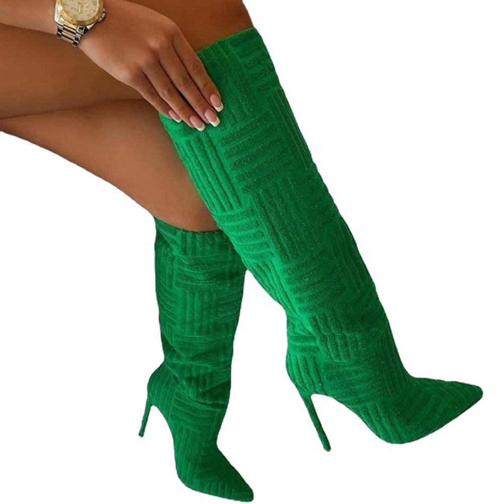 Check Pattern Stiletto Knee High Boots (In Green, Black or Hot Pink)