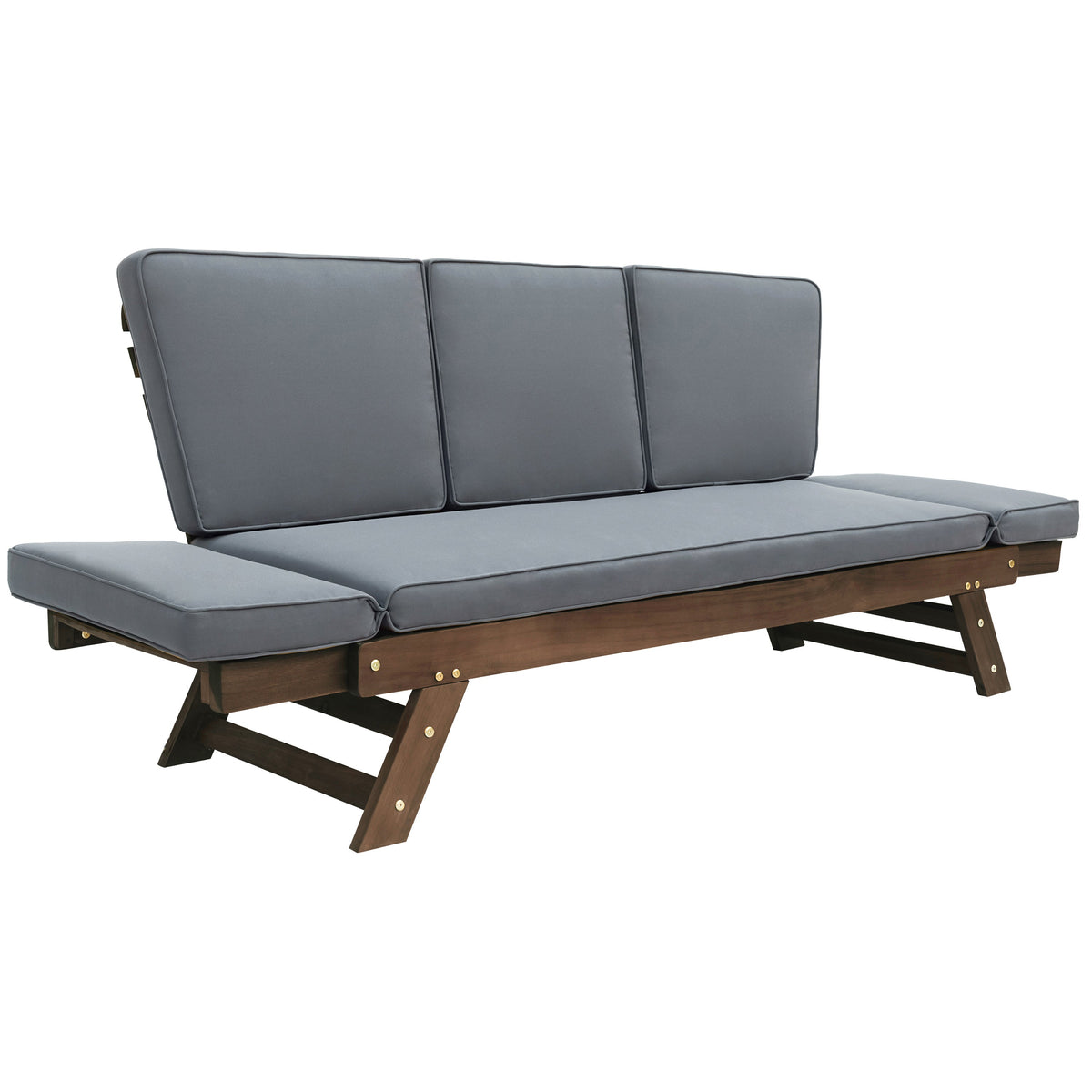 Outdoor Adjustable Patio Wooden Daybed Brown Finish + Gray Cushion