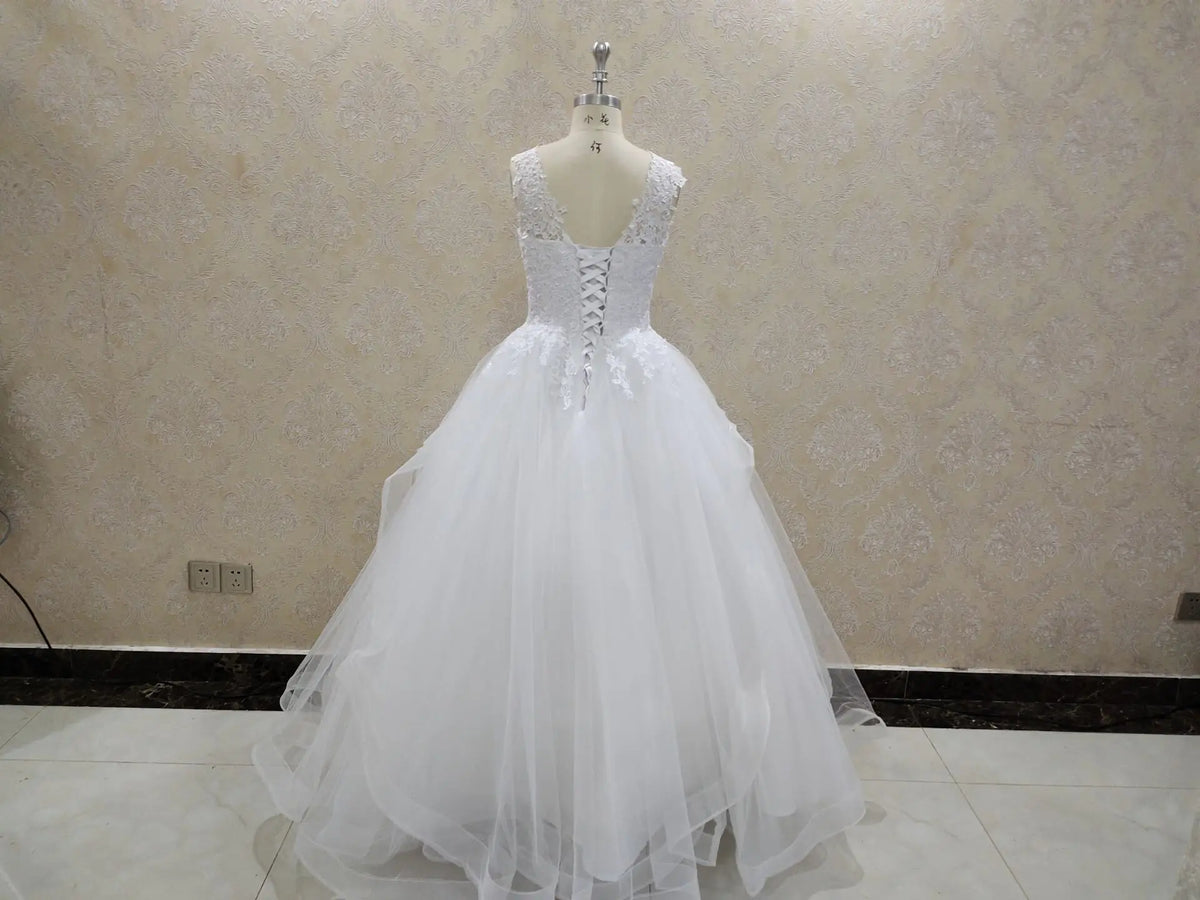 V-Neck Princess Wedding Dress With Tiered Tulle Skirt