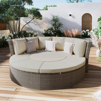 5-Piece Round Rattan Sectional Set All-Weather PE Wicker w/ Round Liftable Table