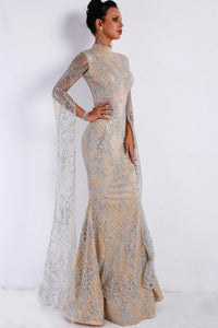 Stunning High Neck Silver and Ivory Evening Gown