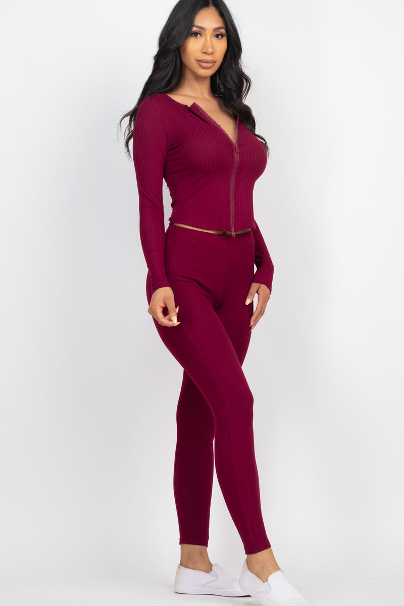 Ribbed Zip Front Long Sleeve Top & Leggings Set (CAPELLA)