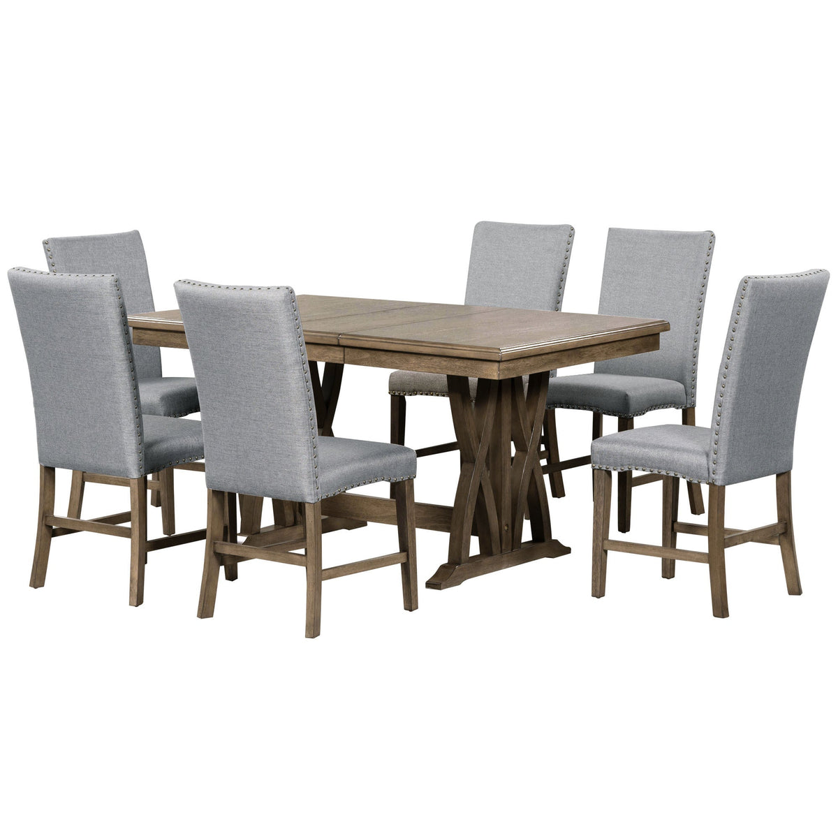 Mid-Century Solid Wood 7-Piece Dining Table Set w/ 12" Leaf w/ 6 chairs