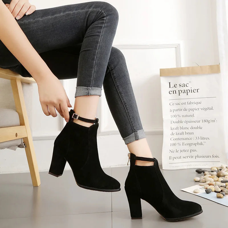 Square Heel Leather Ankle Boots