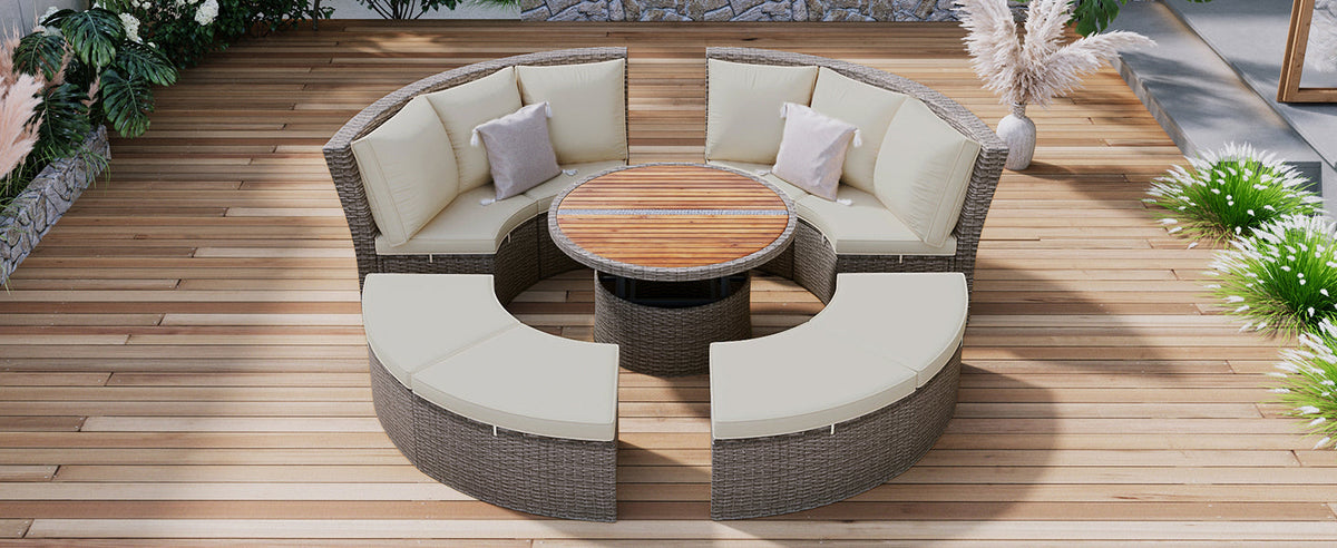 5-Piece Round Rattan Sectional Set All-Weather PE Wicker w/ Round Liftable Table