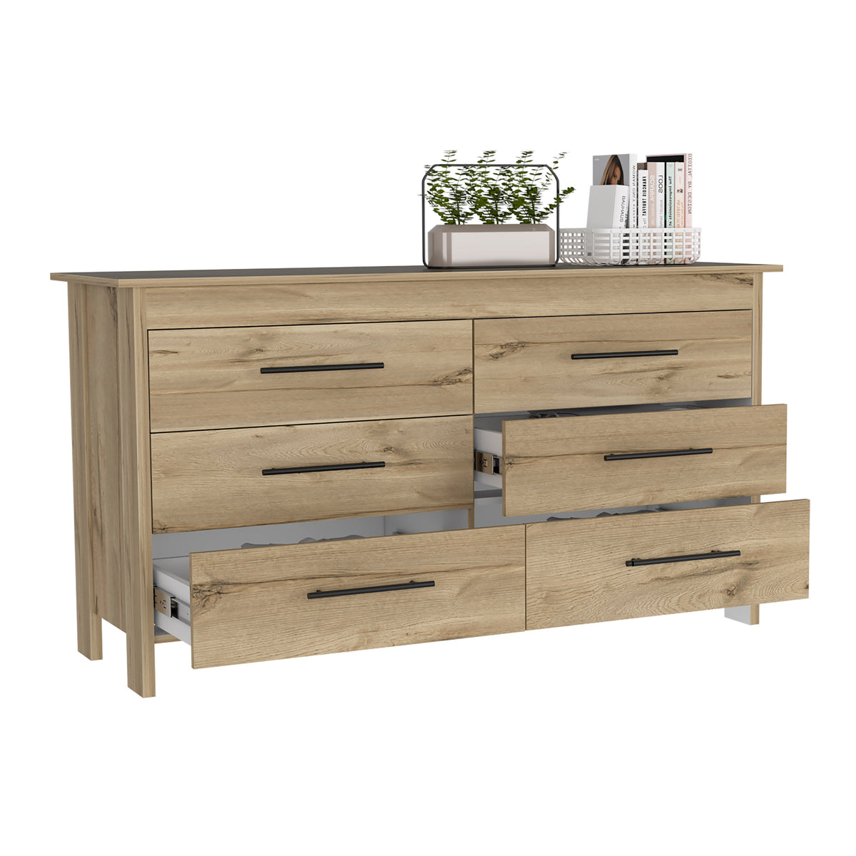 6 Drawer Double Dresser Wezz, Four Legs, Superior Top - Light Oak / White