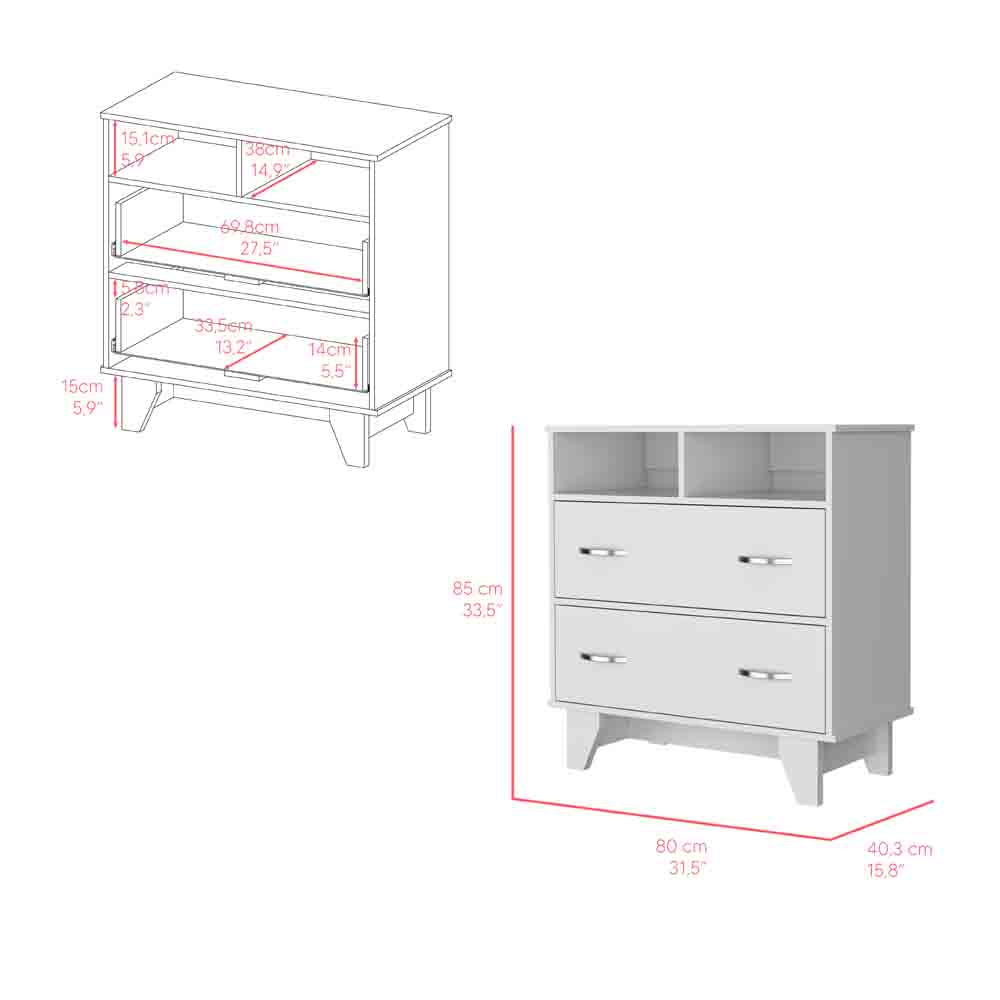 Double Drawer Dresser Arabi, Two Shelves - White