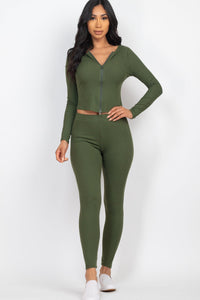 Ribbed Zip Front Long Sleeve Top & Leggings Set (CAPELLA)