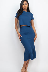 Short Sleeve Ribbed Top & Midi Skirt Set (CAPELLA) (Multiple Colors)