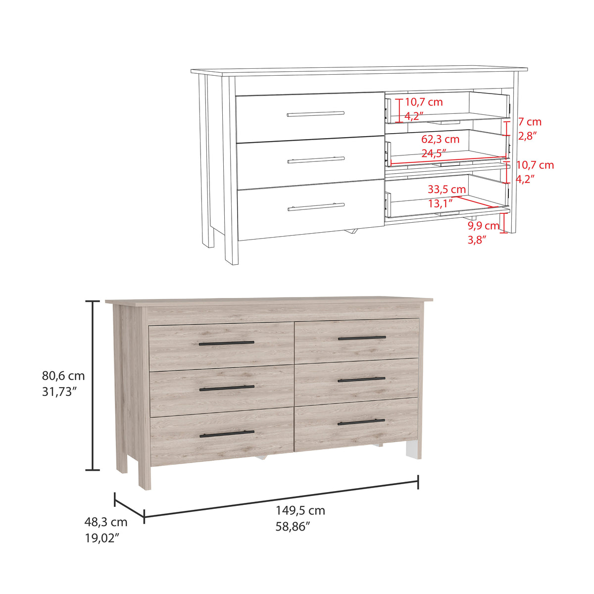 6 Drawer Double Dresser Wezz, Four Legs, Superior Top - Light Gray