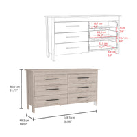 6 Drawer Double Dresser Wezz, Four Legs, Superior Top - Light Gray