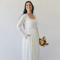 Bohemian Square Mid-Neckline Lace Dress With Pockets