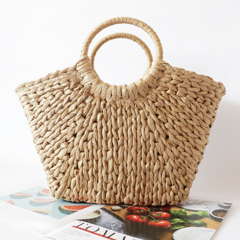 Summer Handmade Beach Straw Moon Shaped Top Handle Handbags Totes