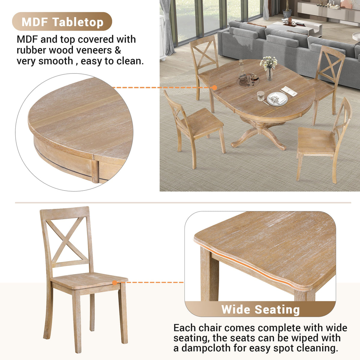 Modern 5 Piece Dining Table Set - Round Table and 4 Chairs