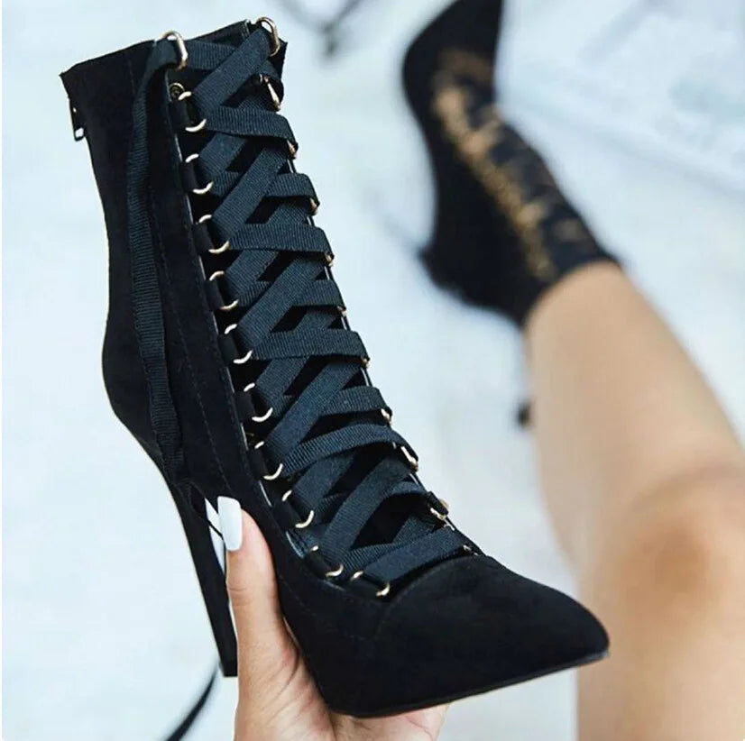 Velvet Lace-Up Zipper Stiletto Ankle Boots