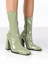 90's Shiny Leather Chunky Heels Mid Calf Zip-Up Boot