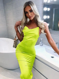 Dulzura Neon Satin Lace Up Bodycon Dress Sleeveless & Backless