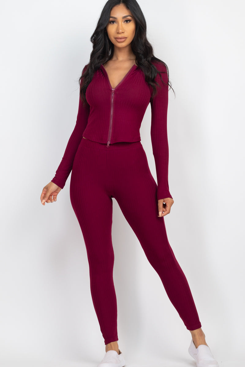 Ribbed Zip Front Long Sleeve Top & Leggings Set (CAPELLA)